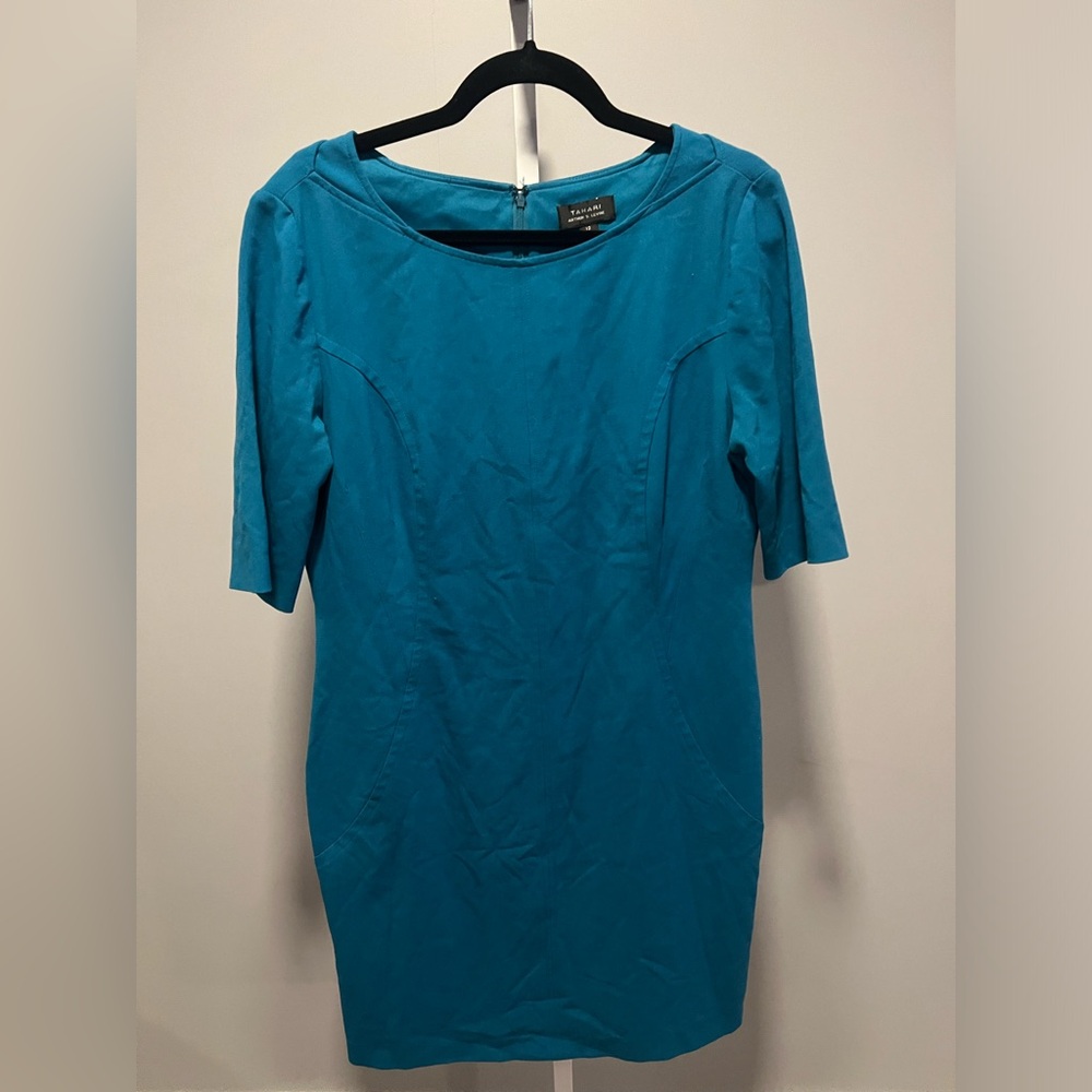 Tahari Nordstrom Blue Sheath Lined Stretch Scuba Short Sleeve Dress Size 12